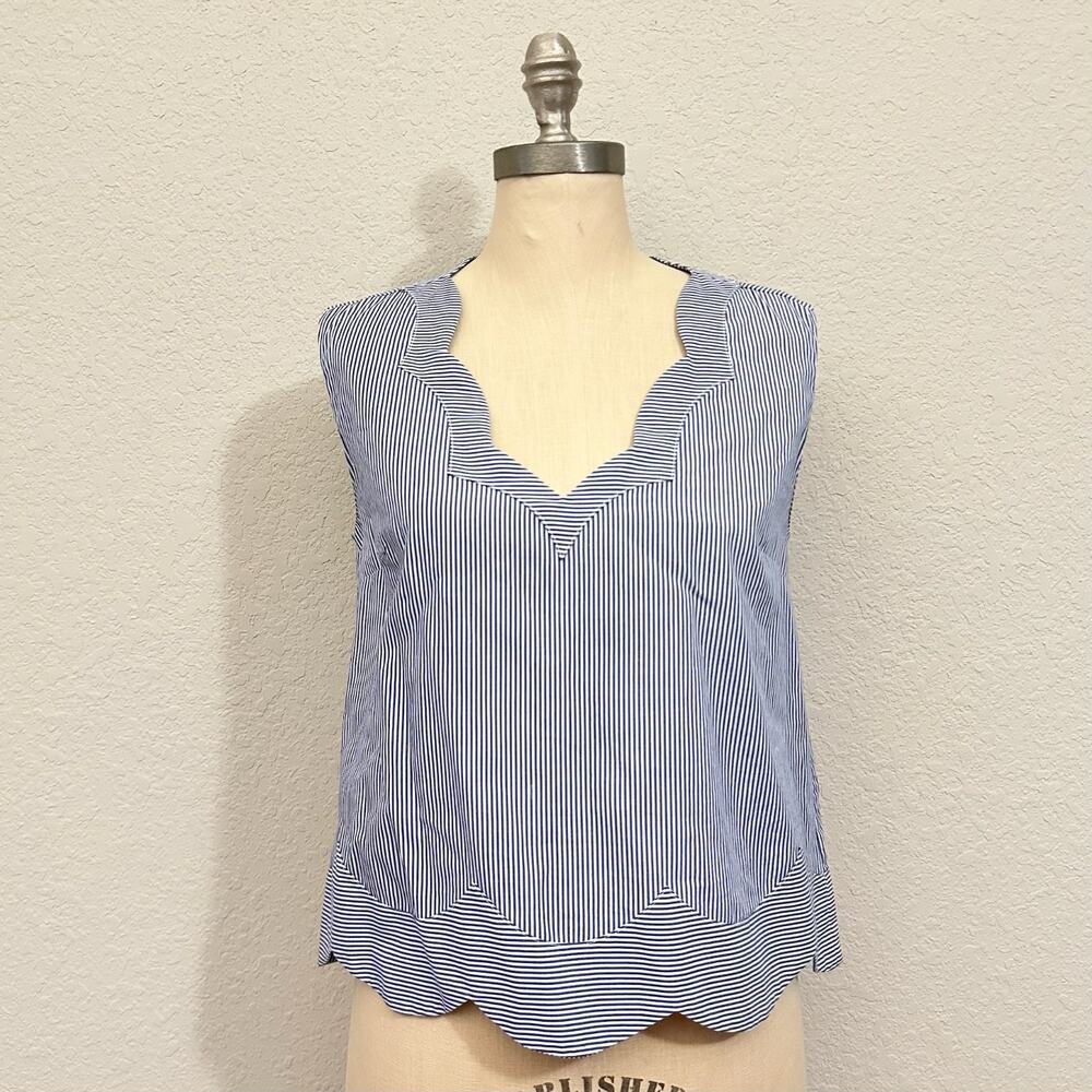 SANDRO Tank Top Blue Pinstriped Cotton Scallop Sleeveless Preppy
